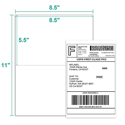 MFLABEL Half Sheet Labels Laser/Ink Jet Shipping Labels 8.5 x 11 Inches Packaging Labels, Address Labels for Laser & Inkjet Printers, 500 Count(250 Sheets)