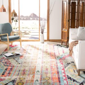 SAFAVIEH Monaco Collection Area Rug - 6'7" x 9'2", Multi, Boho Chic Tribal Distressed Design, Non-Shedding & Easy Care, Ideal for High Traffic Areas in Living Room, Bedroom (MNC222F)