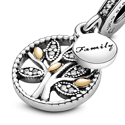 Pandora Jewelry Sparkling Family Tree Dangle Cubic Zirconia Charm in Sterling Silver and 14K Yellow Gold, No Box