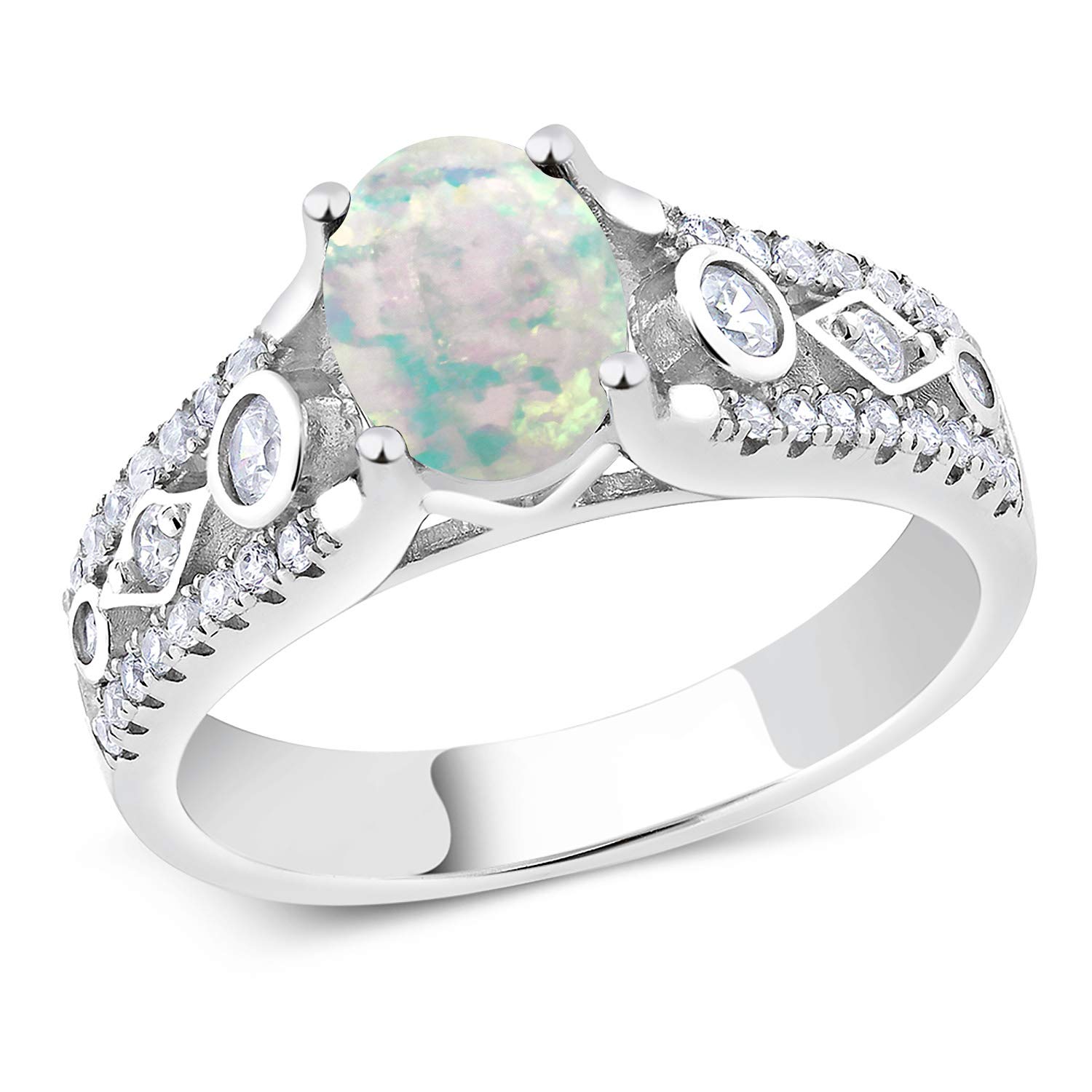 Gem Stone King 925 Sterling Silver White Simulated Opal Engagement Ring For Women (1.56 Cttw, Cabochon Cut 8X6MM, Available 5,6,7,8,9) (Size 8)