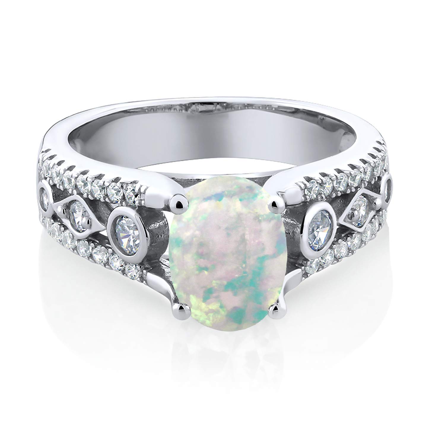 Gem Stone King 925 Sterling Silver White Simulated Opal Engagement Ring For Women (1.56 Cttw, Cabochon Cut 8X6MM, Available 5,6,7,8,9) (Size 8)