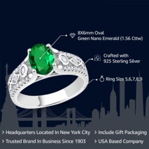 Gem Stone King 925 Sterling Silver Green Nano Emerald Engagement Ring For Women (1.56 Cttw, Available in size 5, 6, 7, 8, 9)