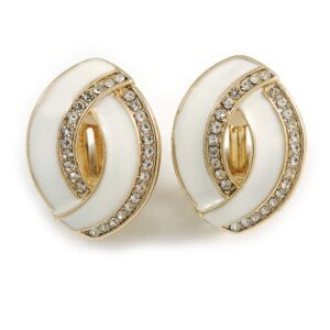 White Enamel Clear Crystal Oval Clip On Earrings In Gold Plaiting - 23mm L