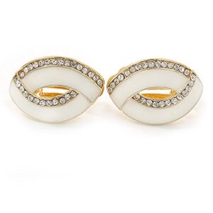 White Enamel Clear Crystal Oval Clip On Earrings In Gold Plaiting - 23mm L