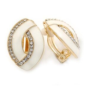 White Enamel Clear Crystal Oval Clip On Earrings In Gold Plaiting - 23mm L