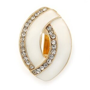 White Enamel Clear Crystal Oval Clip On Earrings In Gold Plaiting - 23mm L