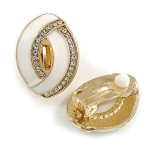 White Enamel Clear Crystal Oval Clip On Earrings In Gold Plaiting - 23mm L