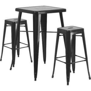 flash furniture stone commercial grade 23.75" square black metal indoor-outdoor bar table set with 2 square seat backless stools