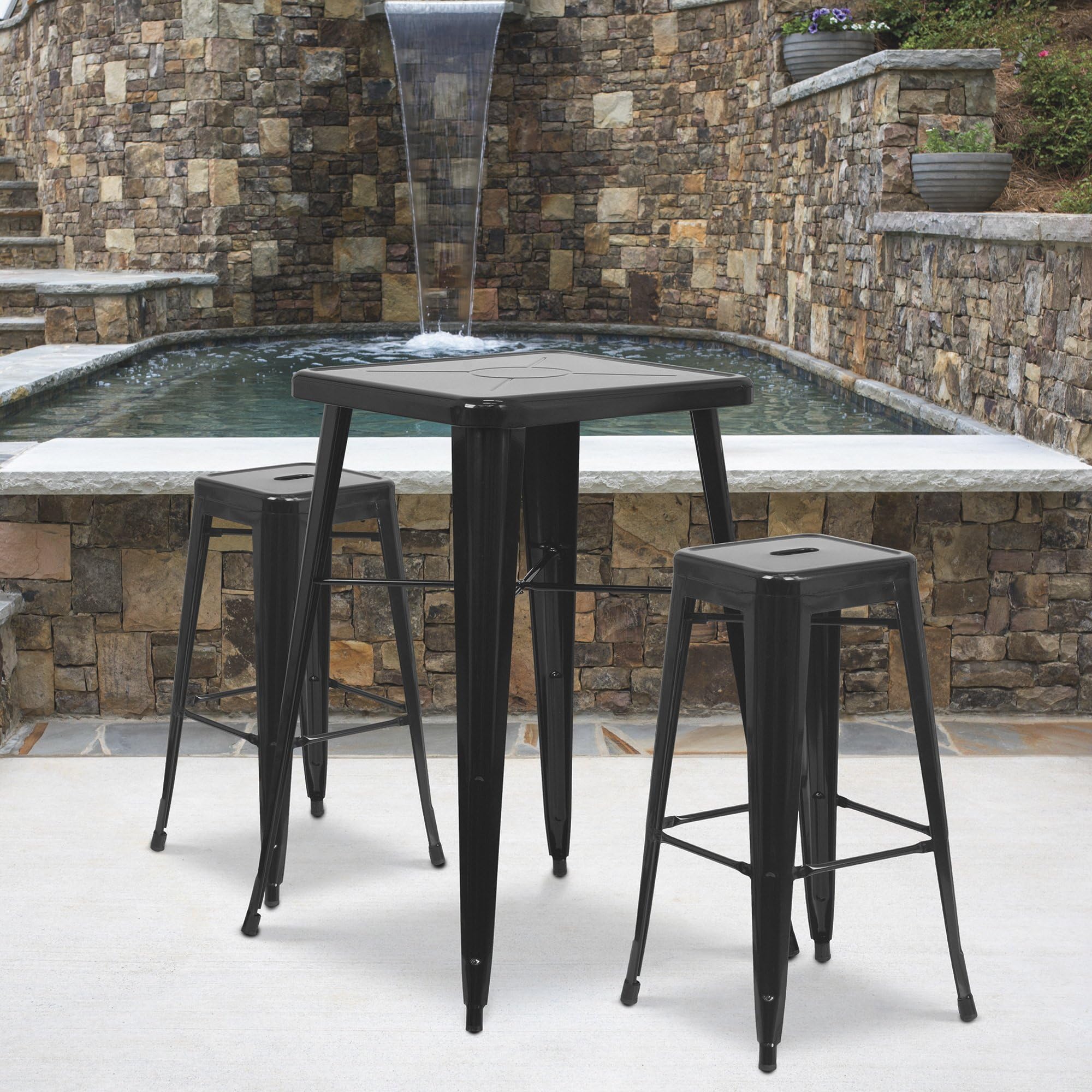 Flash Furniture Stone Commercial Grade 23.75" Square Black Metal Indoor-Outdoor Bar Table Set with 2 Square Seat Backless Stools