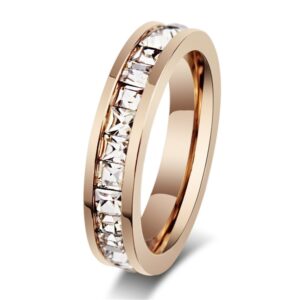 Fashion Month Womens Stainless Steel Rose Gold Wedding Ring Channel Set Cubic Zirconia Engagement Eternity Band for Her Size 5