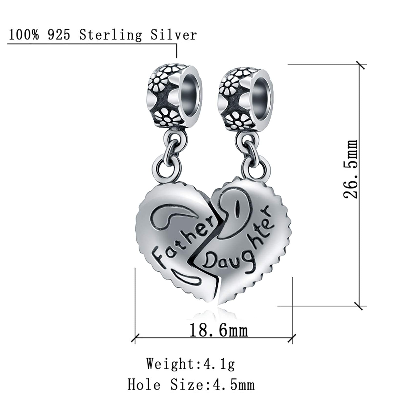 Father Daughter Split Heart Charms, fit Pandora Bracelet, 925 Sterling Silver Family Theme Charm Dangle Bead, Love Gifts for Dad/Men/Grandfather/Christmas/Birthday