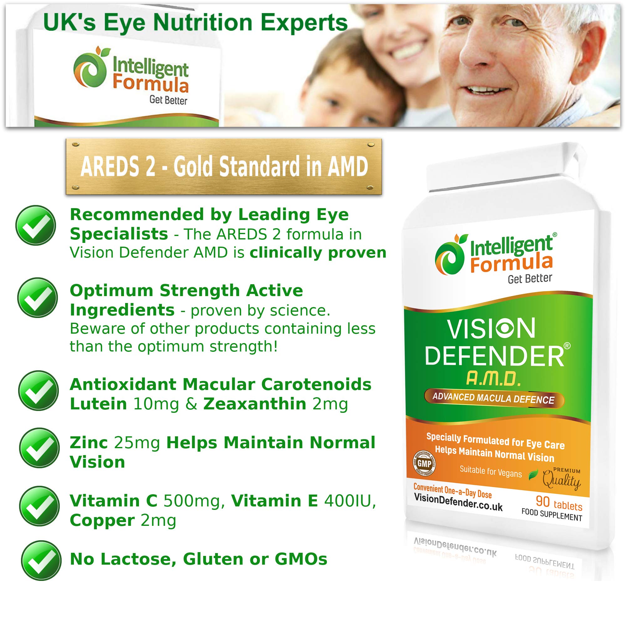 AREDS2 VISION DEFENDER AMD Supplement: Lutein, Zeaxanthin, Zinc, Vitamin E – AREDS 2 Eye Vitamins, Minerals, Nutrients for Eyes. 3 Months Supply (90 tablets) One-A-Day Vegan Eye Supplement. Made in UK