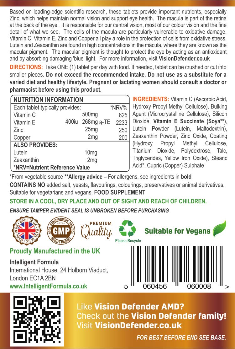 AREDS2 VISION DEFENDER AMD Supplement: Lutein, Zeaxanthin, Zinc, Vitamin E – AREDS 2 Eye Vitamins, Minerals, Nutrients for Eyes. 3 Months Supply (90 tablets) One-A-Day Vegan Eye Supplement. Made in UK