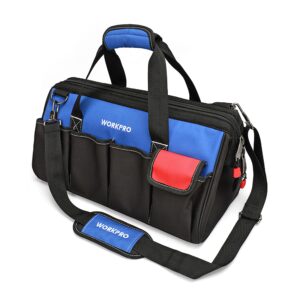 workpro 18-inch close top wide mouth storage tool bag with adjustable shoulder strap, sturdy bottom