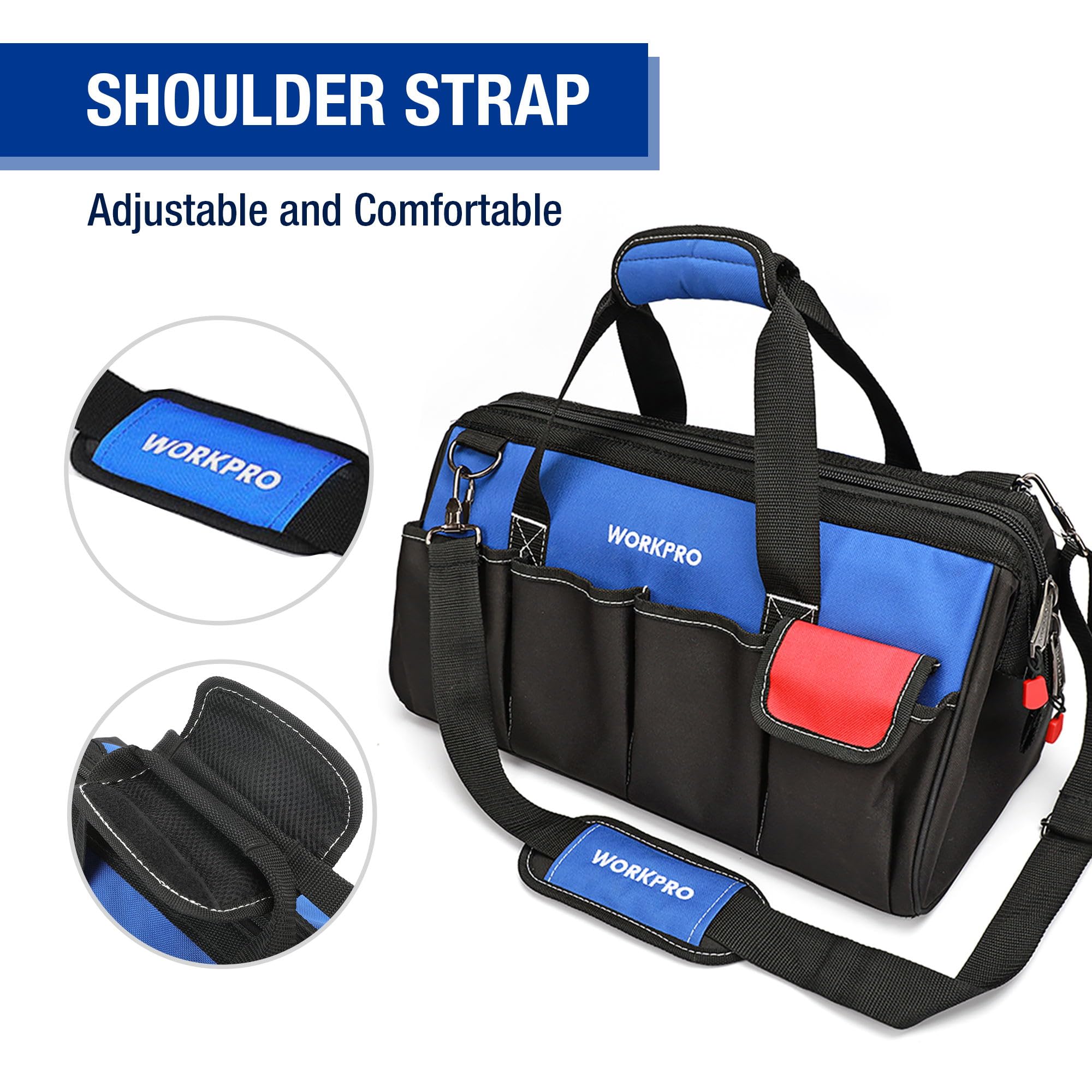 WORKPRO 18-inch Close Top Wide Mouth Storage Tool Bag with Adjustable Shoulder Strap, Sturdy Bottom