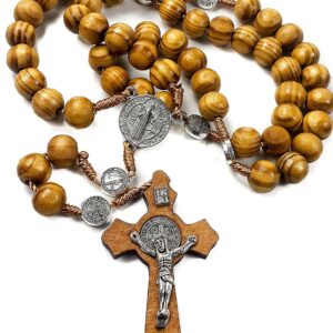 Nazareth Store Wood Beads Rosary Necklace Saint Benedict Medal & Catholic Cross Religious Prayer Chaplet String Handmade - Velvet Bag