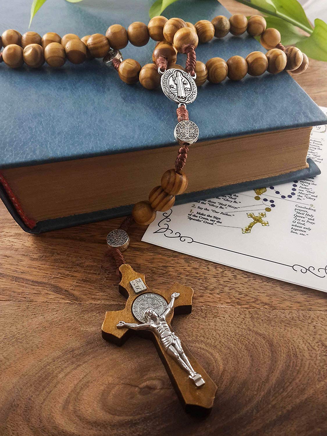 Nazareth Store Wood Beads Rosary Necklace Saint Benedict Medal & Catholic Cross Religious Prayer Chaplet String Handmade - Velvet Bag