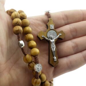 Nazareth Store Wood Beads Rosary Necklace Saint Benedict Medal & Catholic Cross Religious Prayer Chaplet String Handmade - Velvet Bag