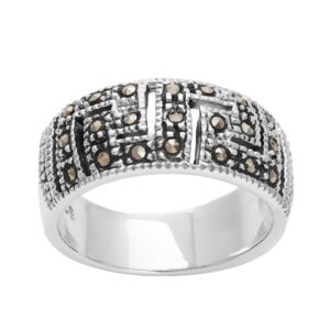 silver women's 925 sterling silver oxidized simulated marcasite greek key cut out band ring