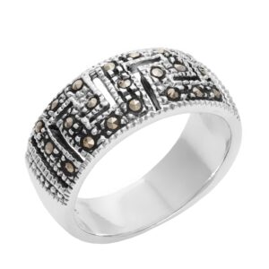 Silver Women's 925 Sterling Silver Oxidized Simulated Marcasite Greek Key Cut Out Band Ring