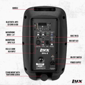 LyxPro SPA-8 Compact 8" Portable PA System 100-Watt RMS Power Active Speaker System Equalizer Bluetooth SD Slot USB MP3 XLR 1/4" 1/8" 3.5mm Inputs