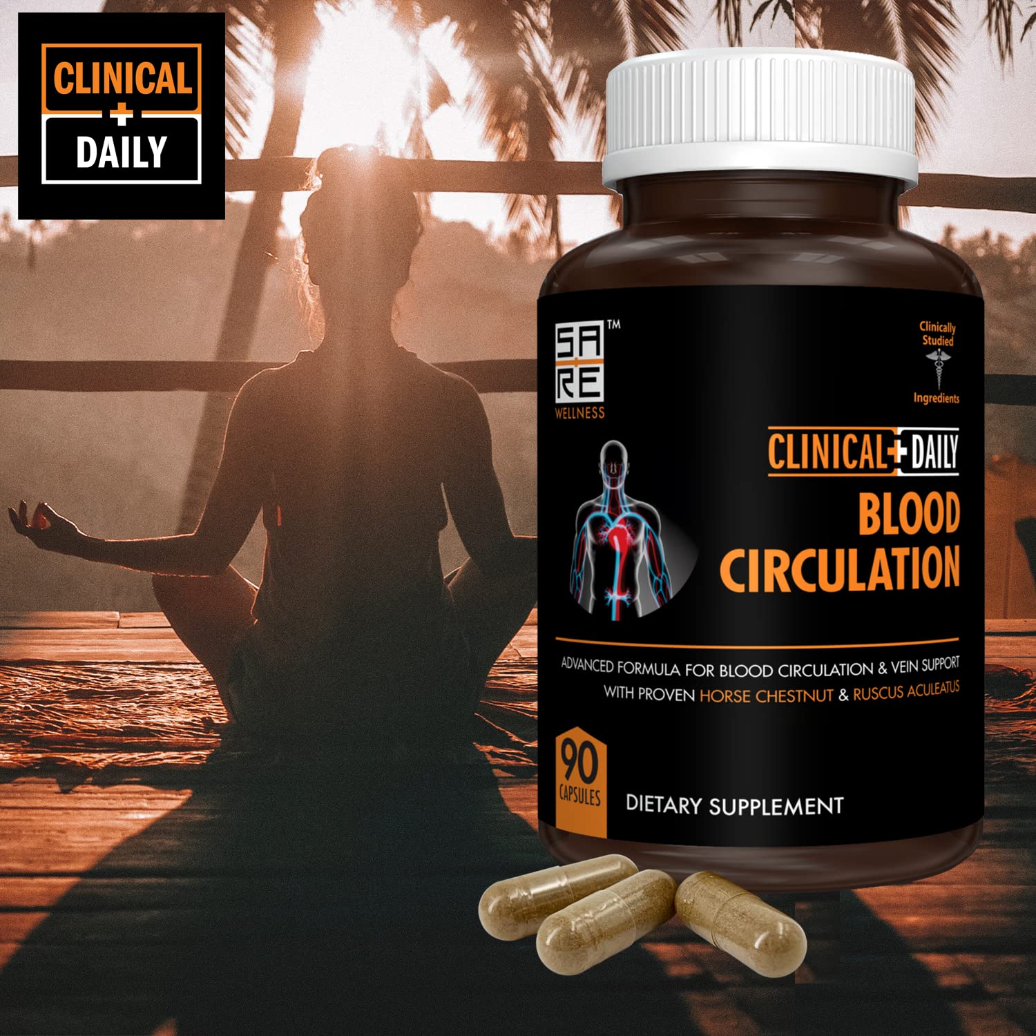 Clinical Daily Blood Circulation Supplements. Butchers Broom, Horse Chestnut, Hawthorn, Cayenne, Arginine, Diosmin Varicose Veins Treatment for Legs. Poor Circulation and Vein Support. 90 Capsules.