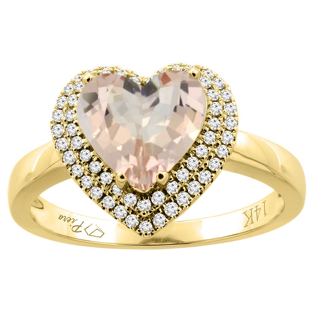 PIERA 14K Yellow Gold Natural Morganite Ring Heart Shape 8 mm Diamond Accents, size 8