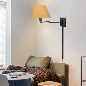 Kira Home Cambridge 15" Swing Arm Wall Lamp - Plug in/Wall Mount, Opaque Paper Shade, 150W 3-Way + Cord Covers, Black Finish