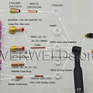RIVERWELD 33pcs TIG Collet Body 10N28 10N30 10N31 10N32 406488 Collets Alumina nozzles 10N46 10N47 10N48 10N49 10N49 10N50 Back caps Assorted Size Fit QQ300 PTA DB SR WP 17 18 26 TIG Welding Torch