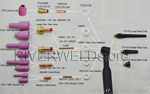 RIVERWELD 33pcs TIG Collet Body 10N28 10N30 10N31 10N32 406488 Collets Alumina nozzles 10N46 10N47 10N48 10N49 10N49 10N50 Back caps Assorted Size Fit QQ300 PTA DB SR WP 17 18 26 TIG Welding Torch