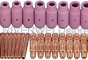 RIVERWELD 33pcs TIG Collet Body 10N28 10N30 10N31 10N32 406488 Collets Alumina nozzles 10N46 10N47 10N48 10N49 10N49 10N50 Back caps Assorted Size Fit QQ300 PTA DB SR WP 17 18 26 TIG Welding Torch