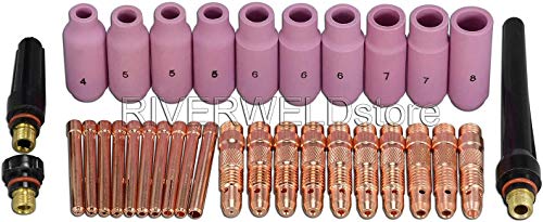 RIVERWELD 33pcs TIG Collet Body 10N28 10N30 10N31 10N32 406488 Collets Alumina nozzles 10N46 10N47 10N48 10N49 10N49 10N50 Back caps Assorted Size Fit QQ300 PTA DB SR WP 17 18 26 TIG Welding Torch