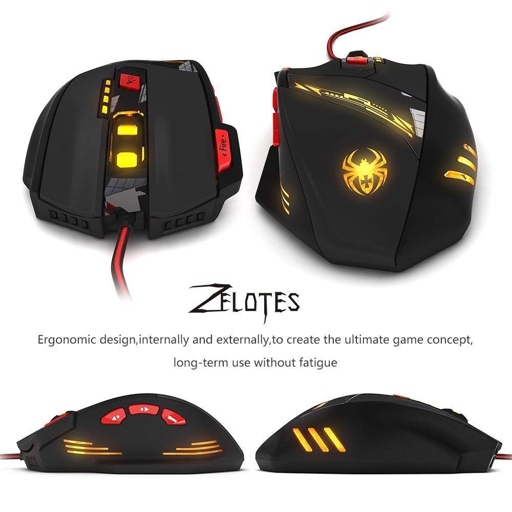 Zelotes T90 Professional 9200 DPI High Precision USB Wired Gaming Mouse,8 Buttons,With 7 kinds modes of LED Colorful Breathing Light, Weight Tuning Set (Black)