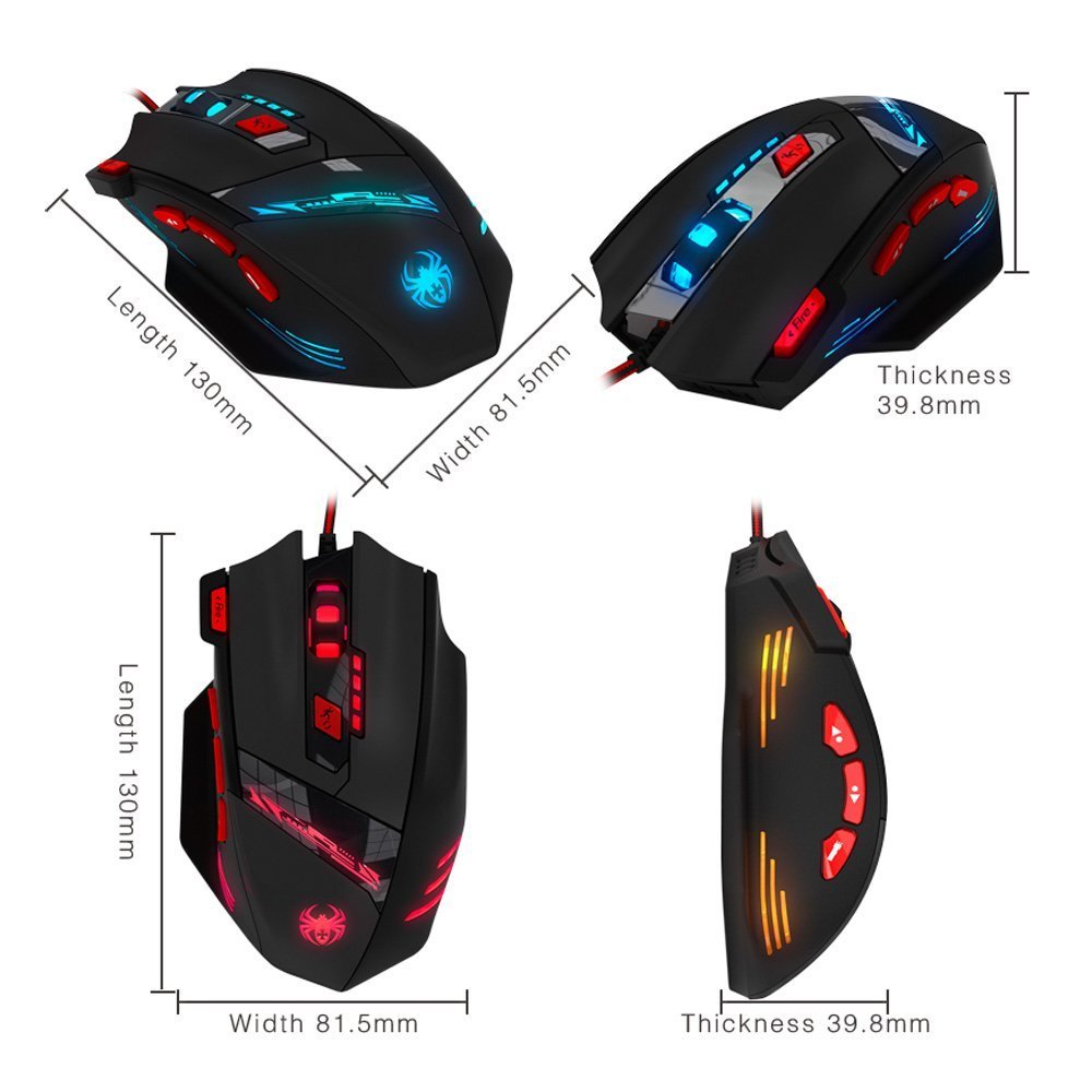 Zelotes T90 Professional 9200 DPI High Precision USB Wired Gaming Mouse,8 Buttons,With 7 kinds modes of LED Colorful Breathing Light, Weight Tuning Set (Black)