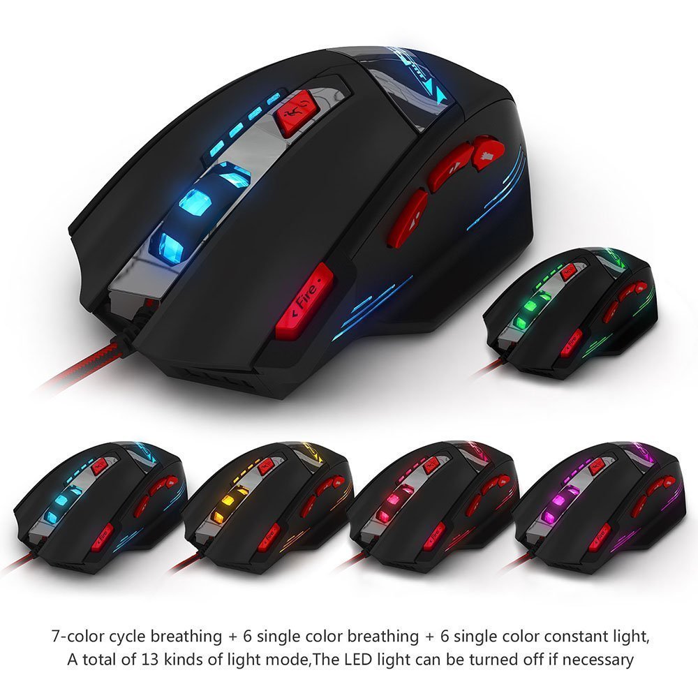 Zelotes T90 Professional 9200 DPI High Precision USB Wired Gaming Mouse,8 Buttons,With 7 kinds modes of LED Colorful Breathing Light, Weight Tuning Set (Black)