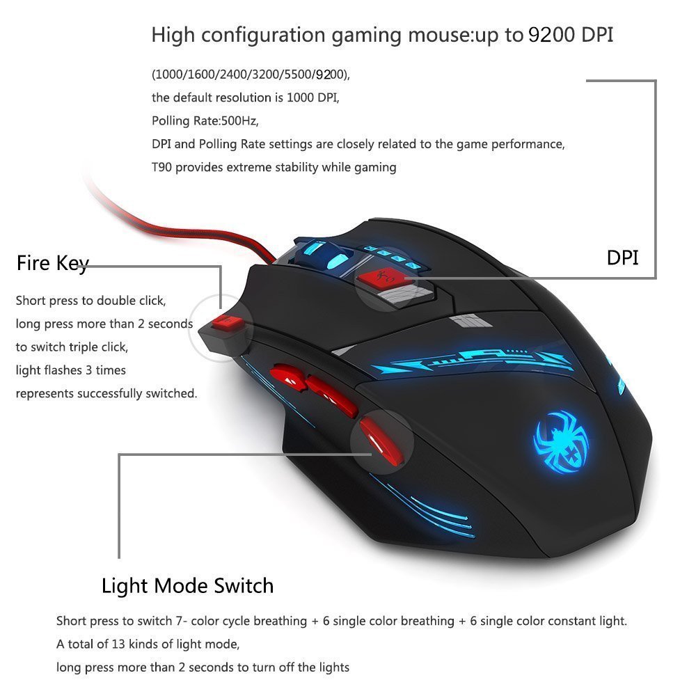 Zelotes T90 Professional 9200 DPI High Precision USB Wired Gaming Mouse,8 Buttons,With 7 kinds modes of LED Colorful Breathing Light, Weight Tuning Set (Black)