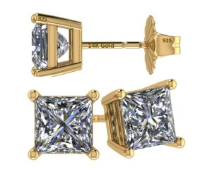 central diamond center 14k gold posts & sterling silver princess cut cz stud earrings - 5.0mm 1.50cttw - yellow gold plated