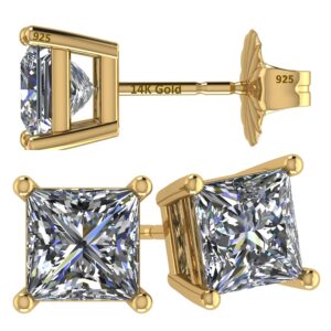 Central Diamond Center 14K Gold Posts & Sterling Silver Princess Cut CZ Stud Earrings - 5.0mm 1.50cttw - Yellow Gold Plated