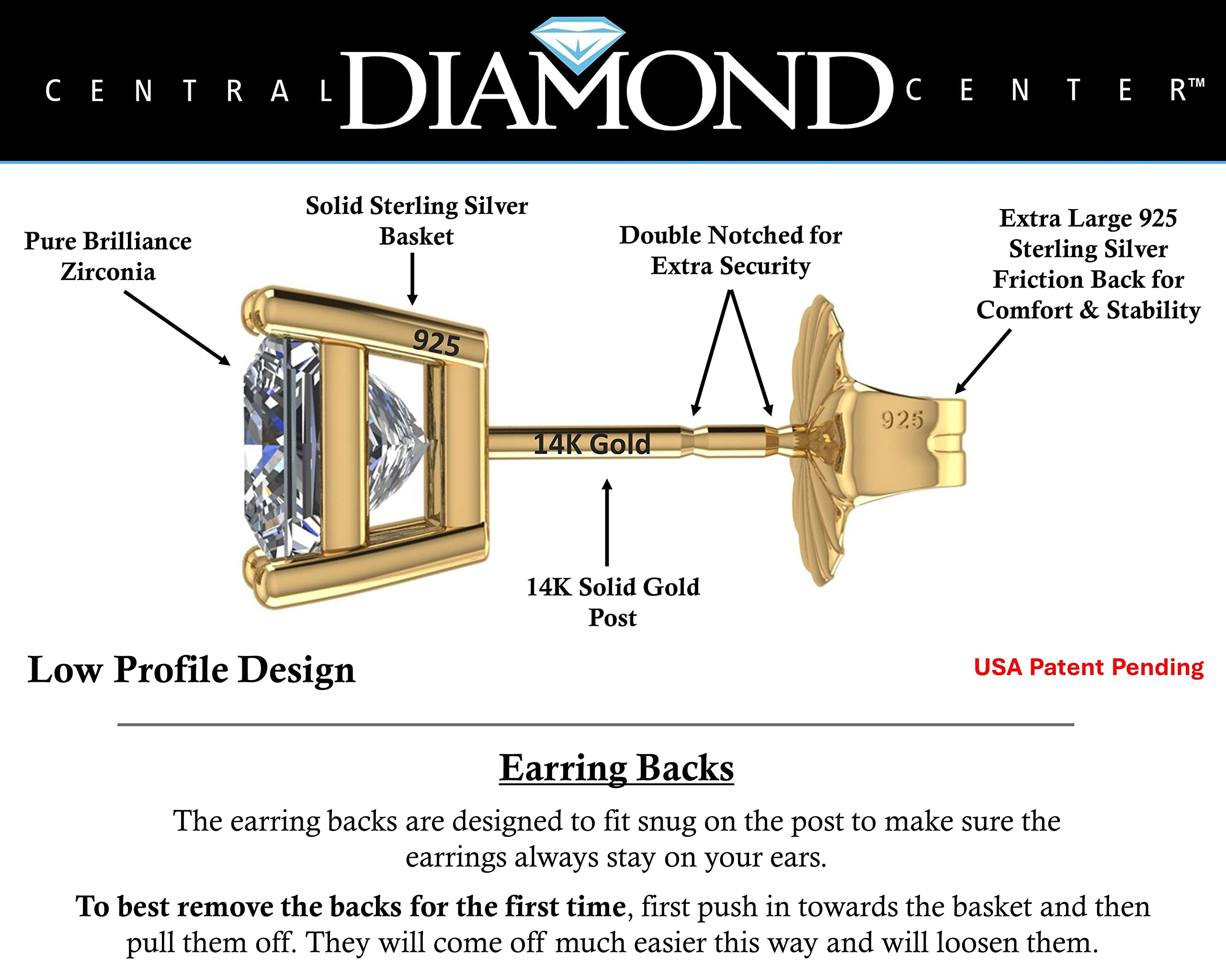 Central Diamond Center 14K Gold Posts & Sterling Silver Princess Cut CZ Stud Earrings - 5.0mm 1.50cttw - Yellow Gold Plated