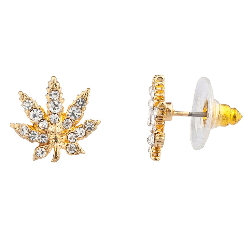 Lux Accessories Marijuana Leaf Pave Crystal 420 Weed Pot Stud Earrings