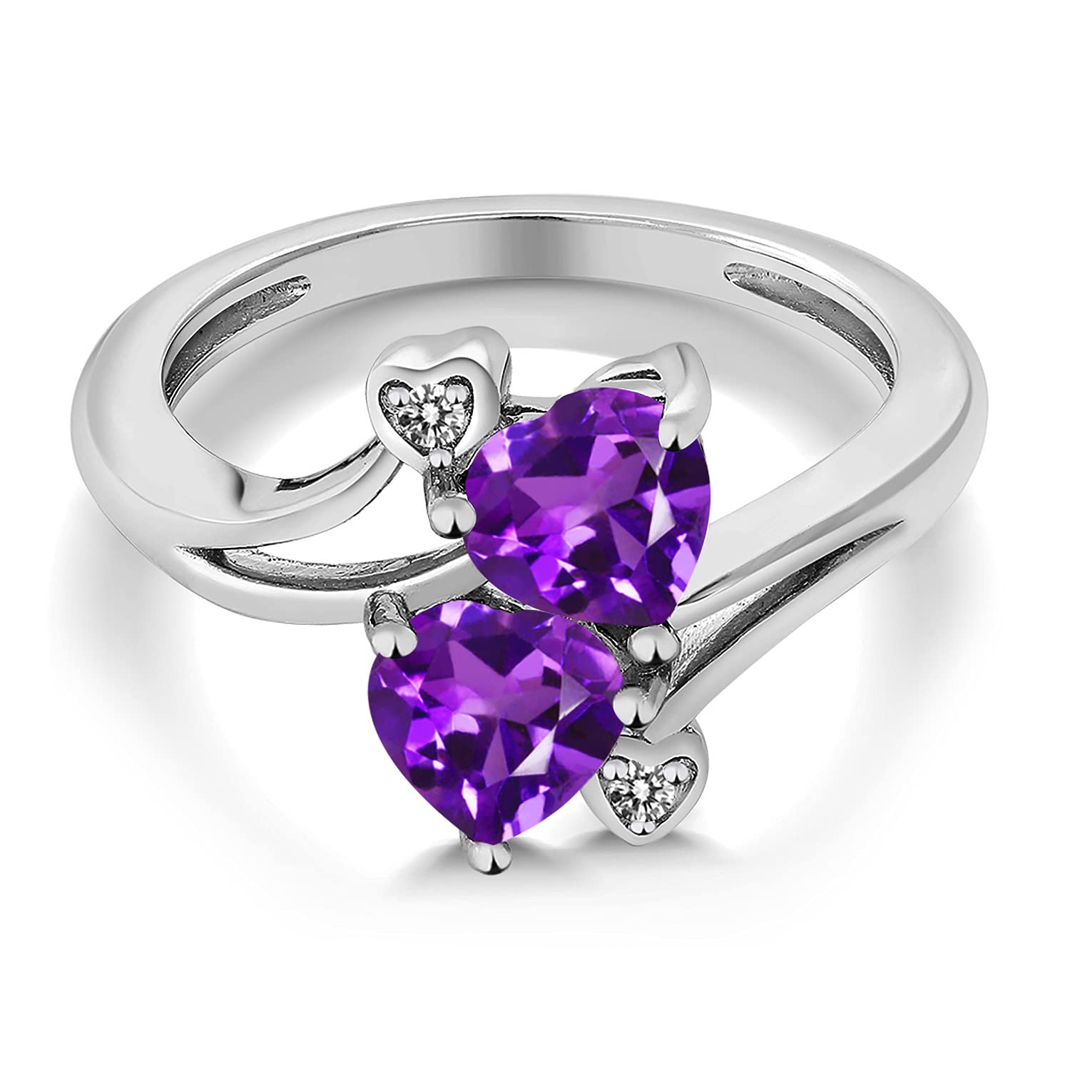 Gem Stone King 925 Sterling Silver Purple Amethyst and White Diamond Ring For Women | 1.63 Cttw | Heart Shape 6MM | Gemstone February Birthstone | Available In Size 5, 6, 7, 8, 9