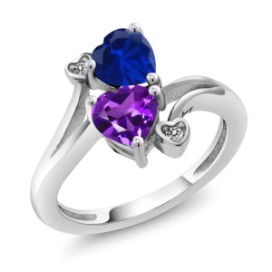 Gem Stone King 925 Sterling Silver Blue Created Sapphire Purple Amethyst and White Diamond Ring For Women (1.48 Cttw, Heart Shape 6MM, Gemstone September Birthstone, Available In Size 5, 6, 7, 8, 9)