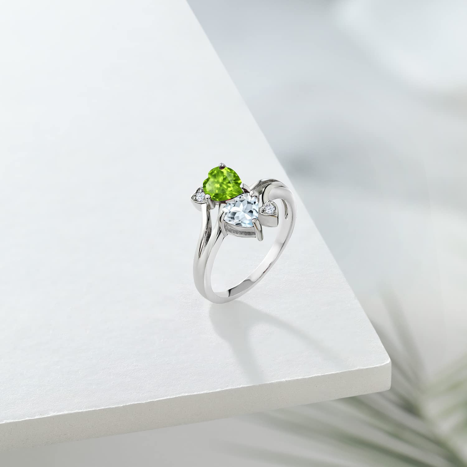 Gem Stone King 925 Sterling Silver Green Peridot Sky Blue Aquamarine Ring For Women (1.53 Cttw, Heart Shape 6MM, Gemstone August Birthstone, Available In Size 5, 6, 7, 8, 9)