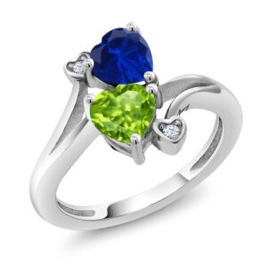 gem stone king 925 sterling silver blue created sapphire green peridot ring for women (1.66 cttw, heart shape 6mm, gemstone september birthstone, available in size 5, 6, 7, 8, 9)