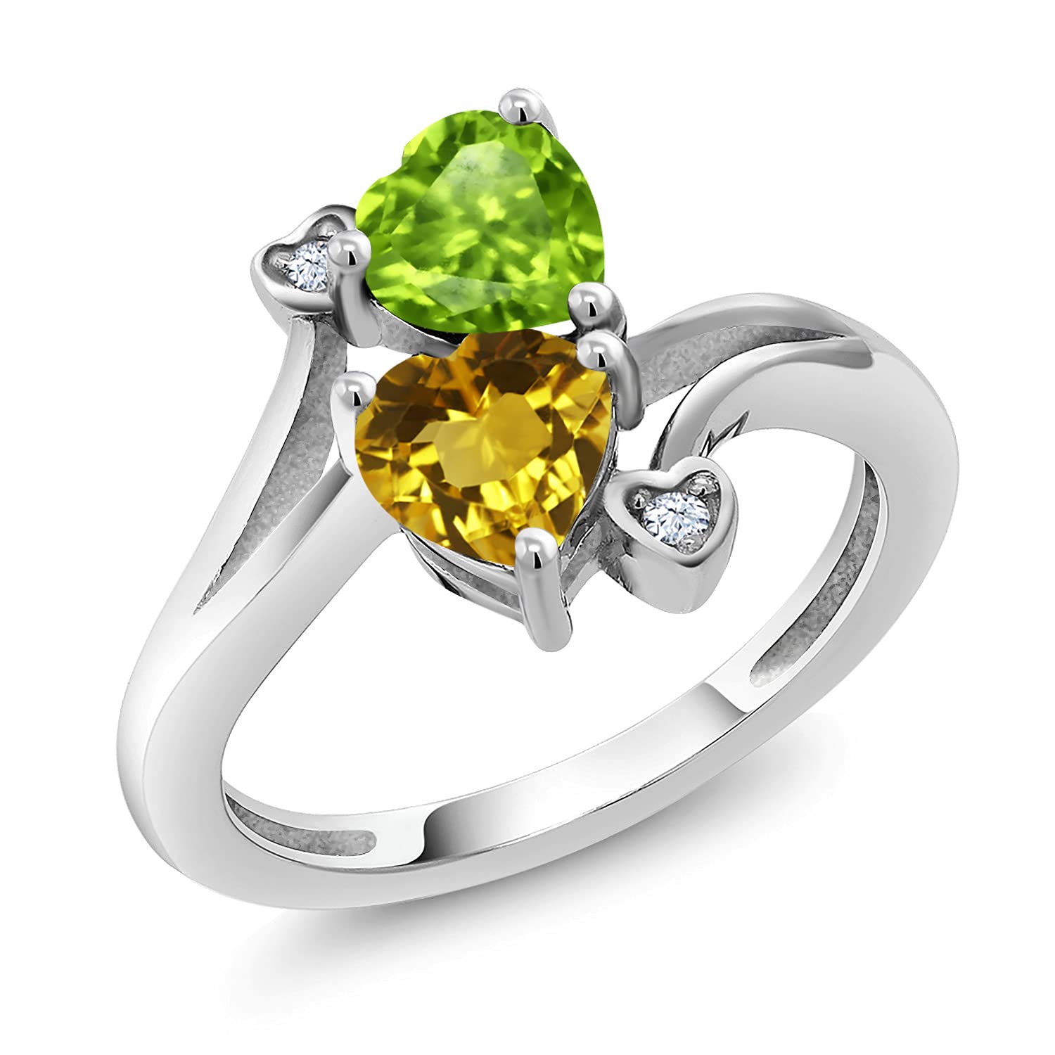 Gem Stone King 925 Sterling Silver Green Peridot Yellow Citrine Ring For Women (1.56 Cttw, Heart Shape 6MM, Gemstone August Birthstone, Available In Size 5, 6, 7, 8, 9)