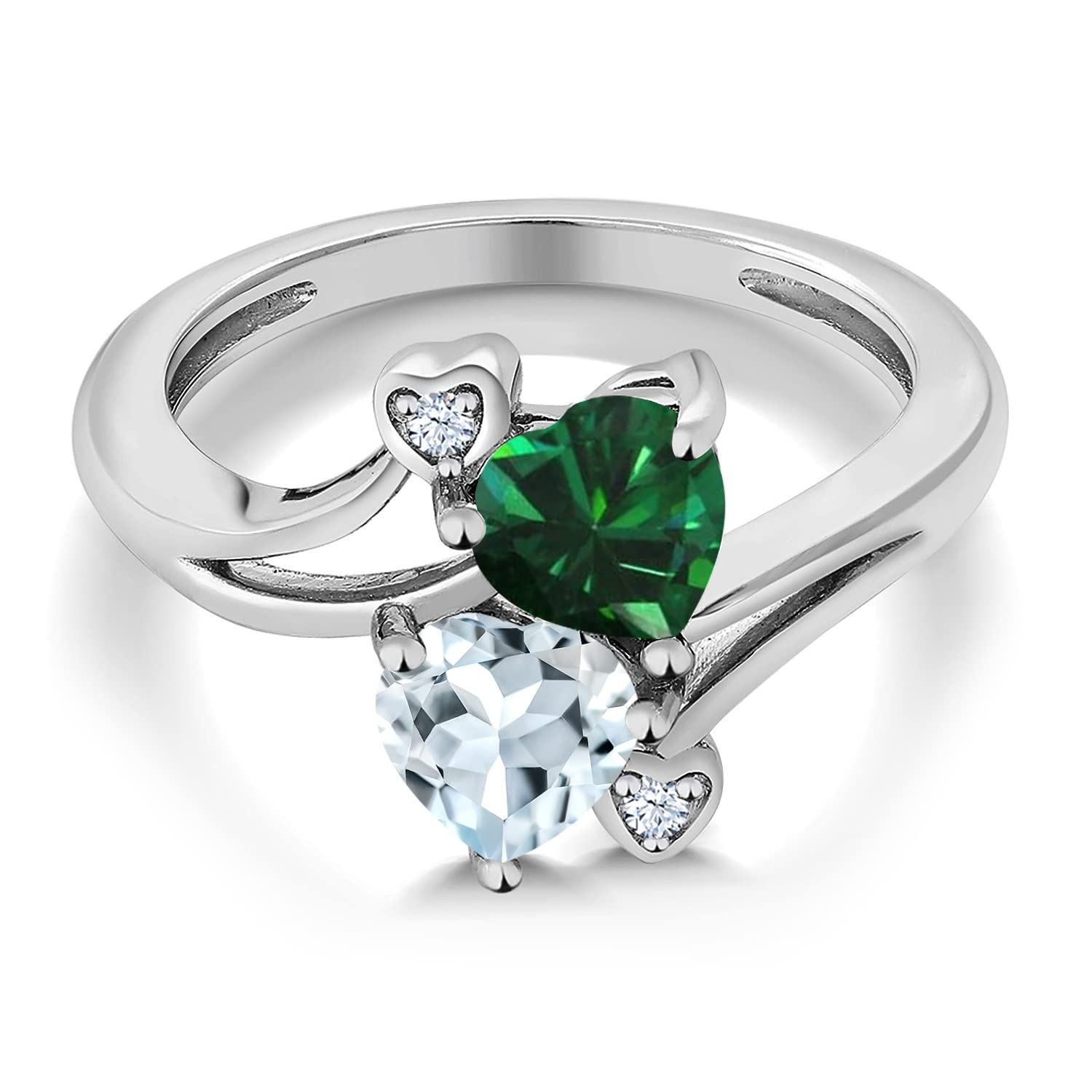 Gem Stone King 925 Sterling Silver Green Nano Emerald Sky Blue Aquamarine Ring For Women (1.38 Cttw, Heart Shape 6MM, Gemstone May Birthstone, Available In Size 5, 6, 7, 8, 9)