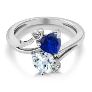 925 Sterling Silver Blue Created Sapphire Sky Blue Aquamarine and White Diamond Ring For Women (1.50 Cttw, Heart Shape 6MM, Gemstone September Birthstone, Available In Size 5, 6, 7, 8, 9)