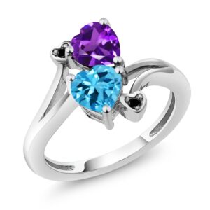 Gem Stone King 925 Sterling Silver Purple Amethyst Swiss Blue Topaz and Black Diamond Ring For Women | 1.63 Cttw | Heart Shape 6MM | Gemstone Birthstone | Available In Size 5, 6, 7, 8, 9