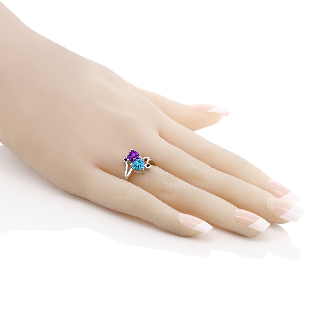 Gem Stone King 925 Sterling Silver Purple Amethyst Swiss Blue Topaz and Black Diamond Ring For Women | 1.63 Cttw | Heart Shape 6MM | Gemstone Birthstone | Available In Size 5, 6, 7, 8, 9