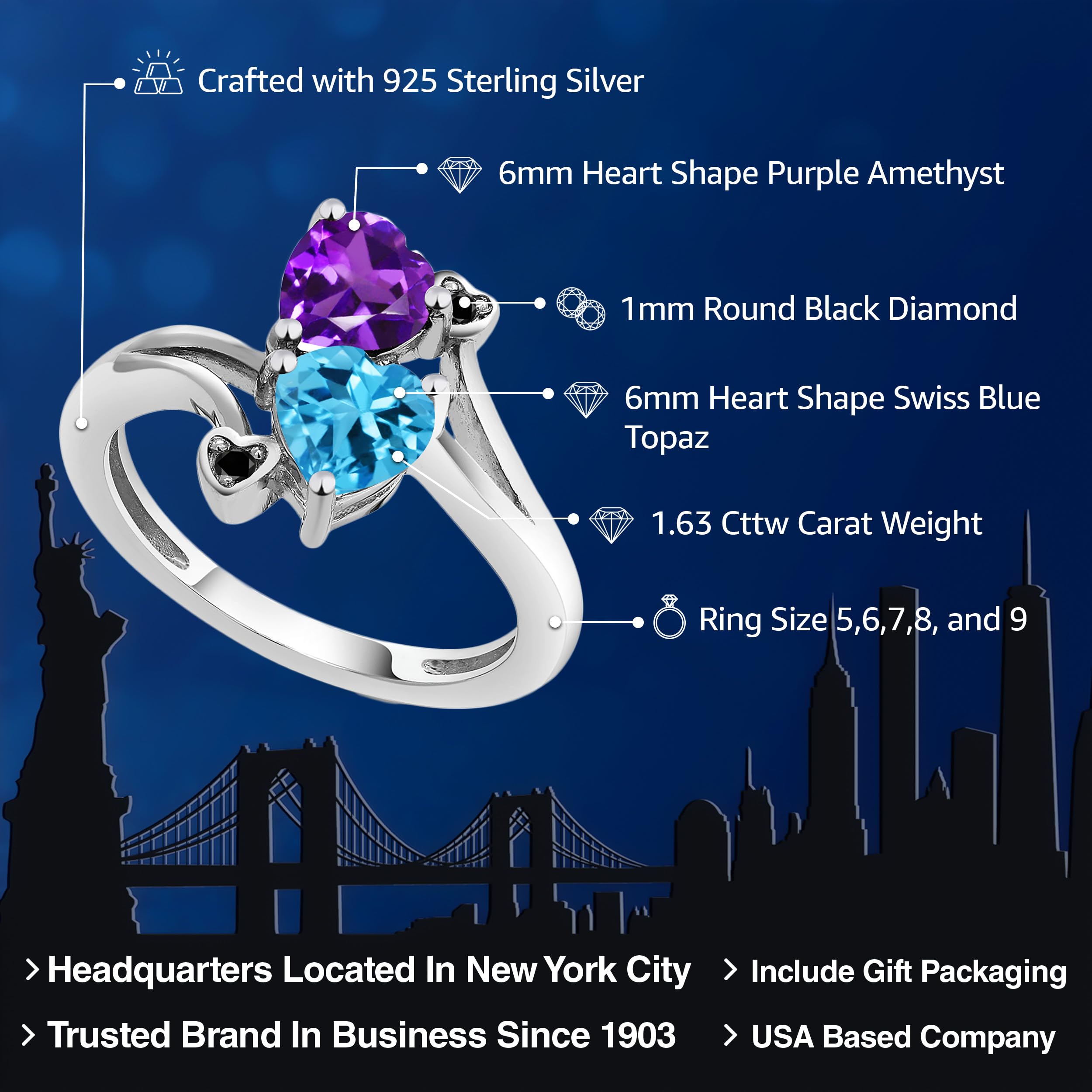 Gem Stone King 925 Sterling Silver Purple Amethyst Swiss Blue Topaz and Black Diamond Ring For Women | 1.63 Cttw | Heart Shape 6MM | Gemstone Birthstone | Available In Size 5, 6, 7, 8, 9